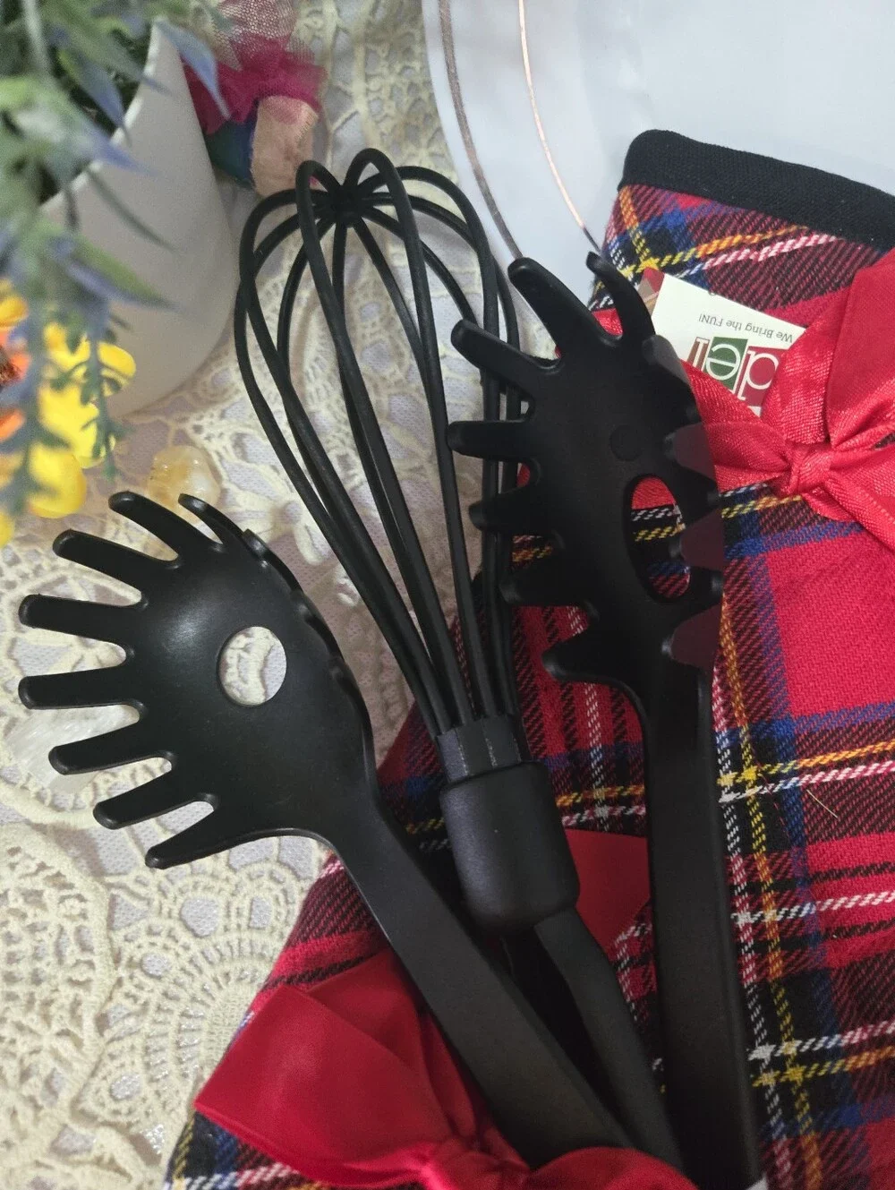 4/$15 Novelty Black Kitchen Utensil Set & Red Plaid Pot Holder | Retro Kitsch